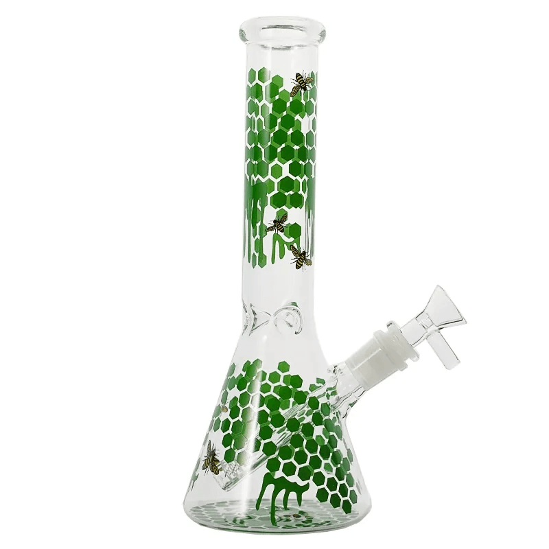 Honeycombed Bee Decal Beaker Glass Bong 10 Inch Water Pipe with Glass Bowl - Puffingmaster