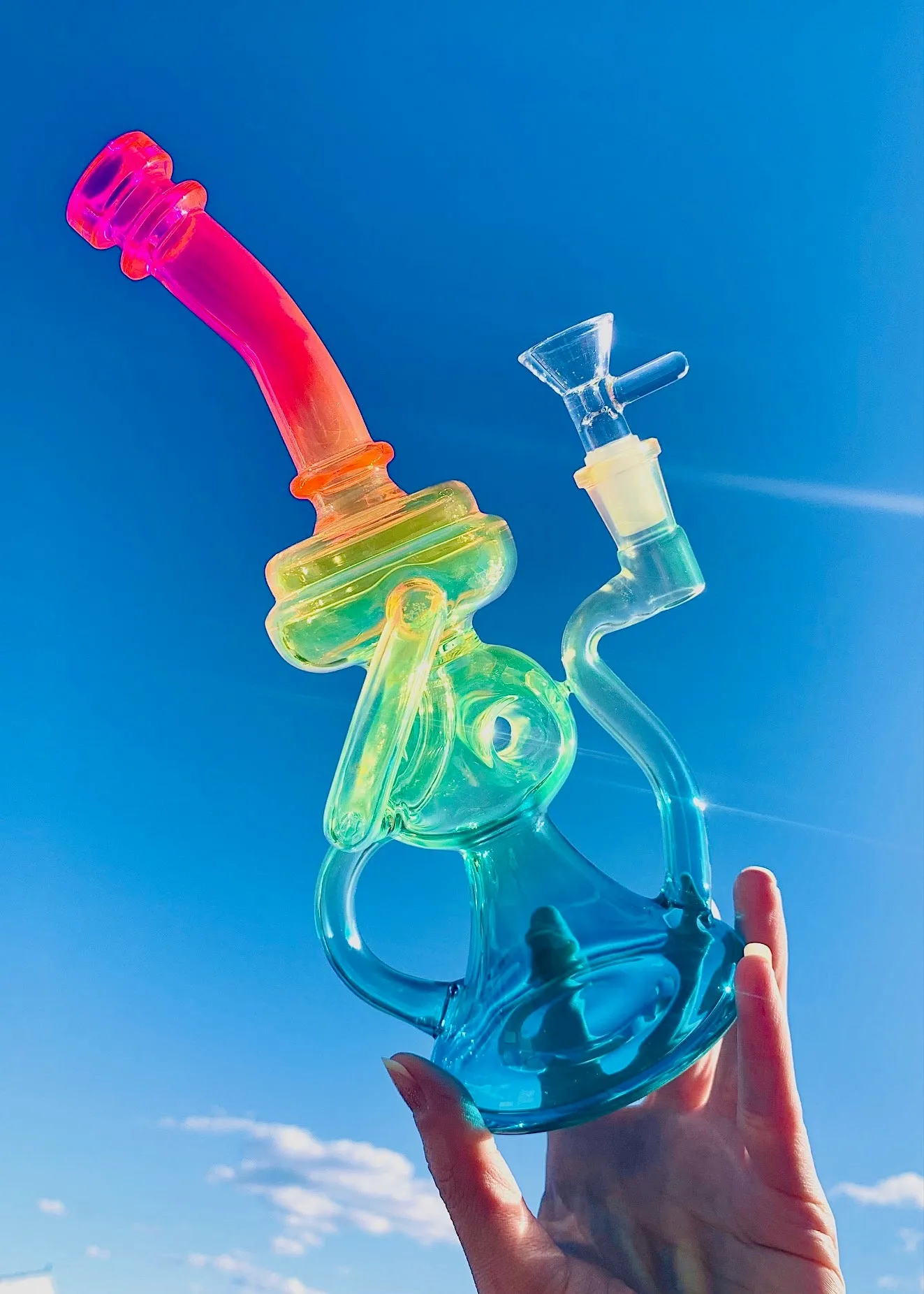 Rainbow Glass Recycler Dab Rig with Regular Bowl