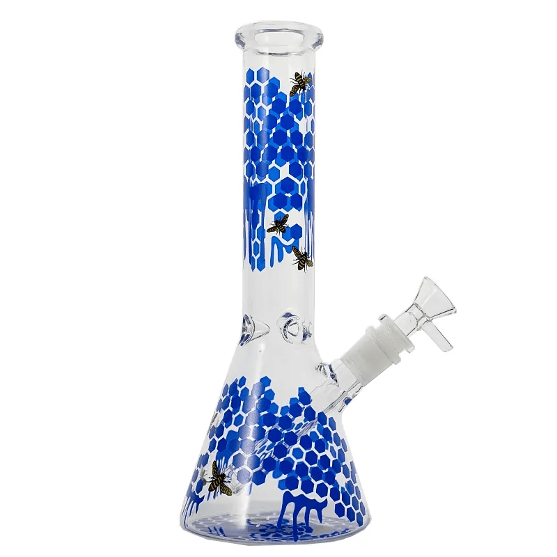 Honeycombed Bee Decal Beaker Glass Bong 10 Inch Water Pipe with Glass Bowl - Puffingmaster