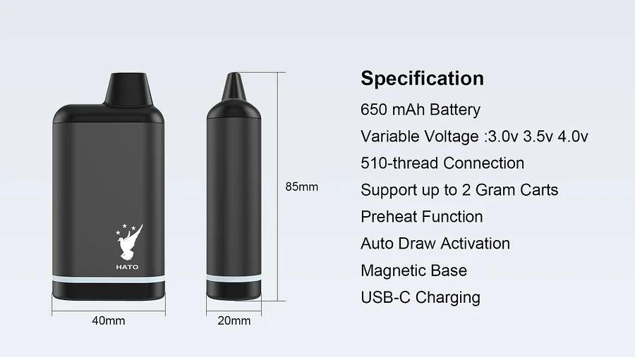 Hato Armor Auto-Draw 510 vape battery black with specification