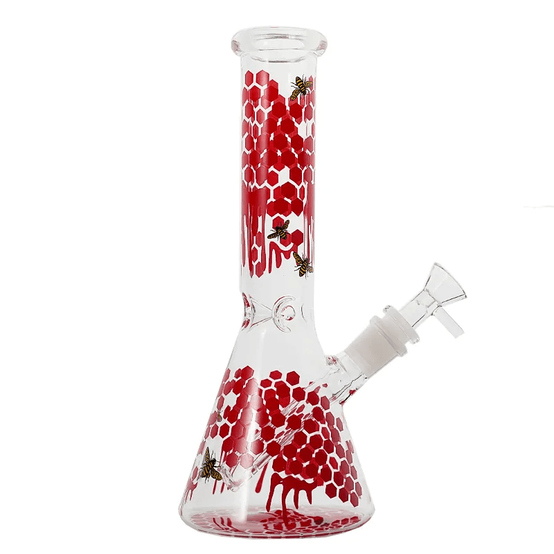 Honeycombed Bee Decal Beaker Glass Bong 10 Inch Water Pipe with Glass Bowl - Puffingmaster