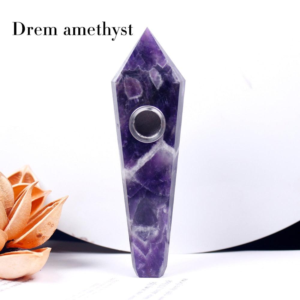 Natural Crystal Pipe | Wand Healing Gem Rose Quartz Treatment With Metal Filter - Puffingmaster