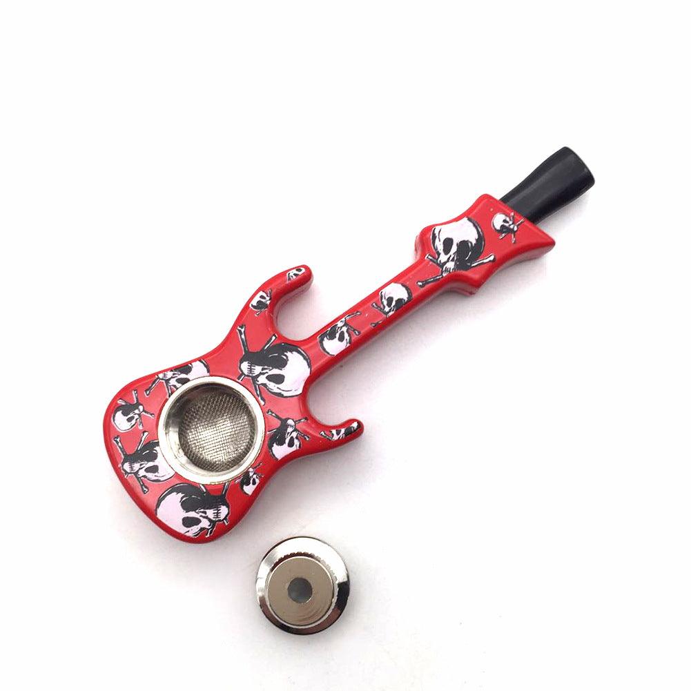 Metal Guitar Pipe | Creative Skull Printed Detachable Portable Pipe with Cover and Mesh - Puffingmaster