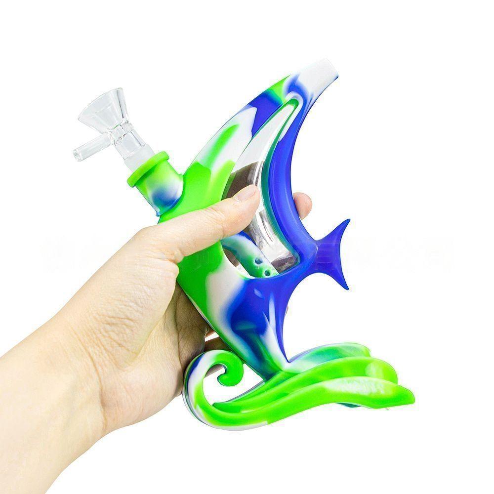 Flying Fish Style Dab Rig | Silicone Glass Blue Green Hookah Smoking Puffing Bottle Lightweight Portable - Puffingmaster