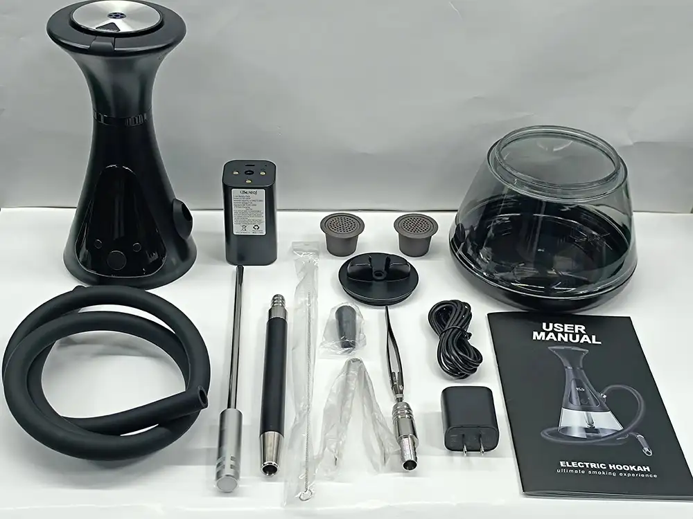 The Beleaf electric hookah and its accessories are on the table