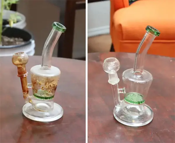 The left image shows a dab rig before cleaning, and the right one is after