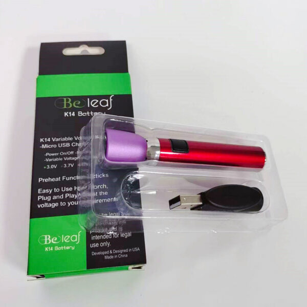 beleaf-k14-battery-red-with-usb-cable-box Beleaf K14 500mAh Preheat Vape Battery | 510 Thread With USB Cable Torch