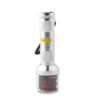 Silver aluminum handheld flashlight-style herb grinder with lanyard