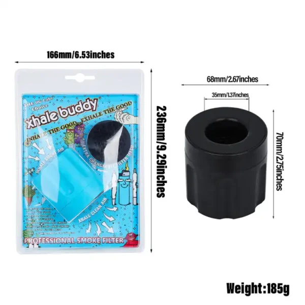 Xhale Buddy smoke filter size dimension diagram with packaging and weight data