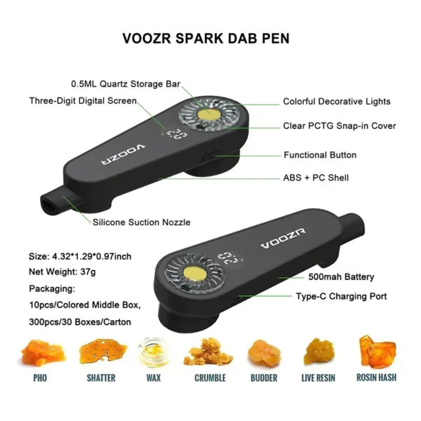 voozr-spark-rechargeable-disposable-7-colors-wax-dab-pen-1 VOOZR Spark Rechargeable Disposable 7 Colors Dab Pen with specification