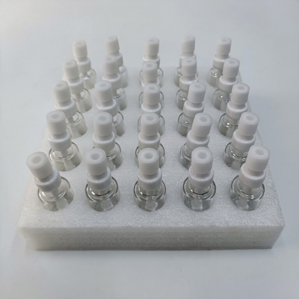 Bulk 2ml full ceramic 510 thread cartridges arranged in protective foam tray