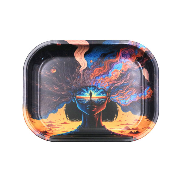 Psychedelic brainstorm cosmic woman print metal tin rolling tray 18 x 14 cm