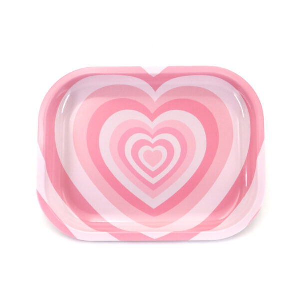 Cute dark pink concentric heart print metal tin rolling tray