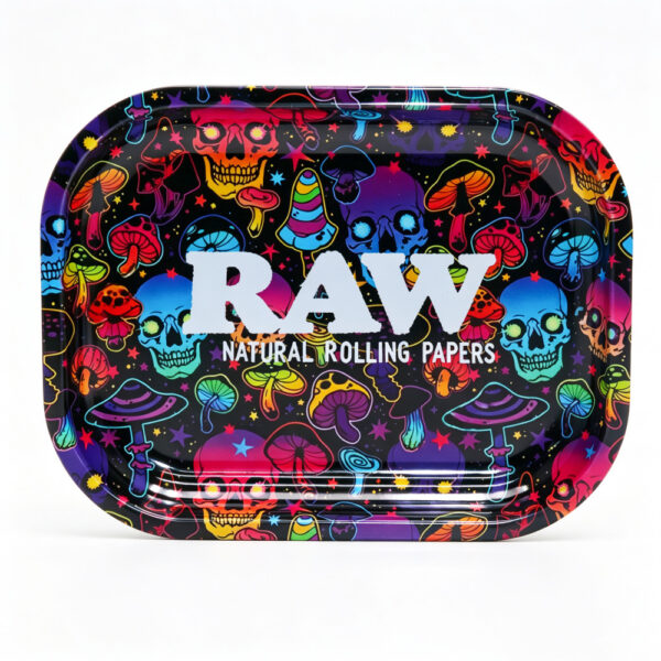 Vibrant rainbow skull and mushroom print RAW metal tin rolling tray 18 x 14 cm